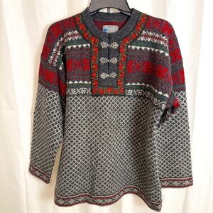 Squaw Valley Wool Sweater Gray Red Green Nordic Fair Isle Vintage Womens Med
